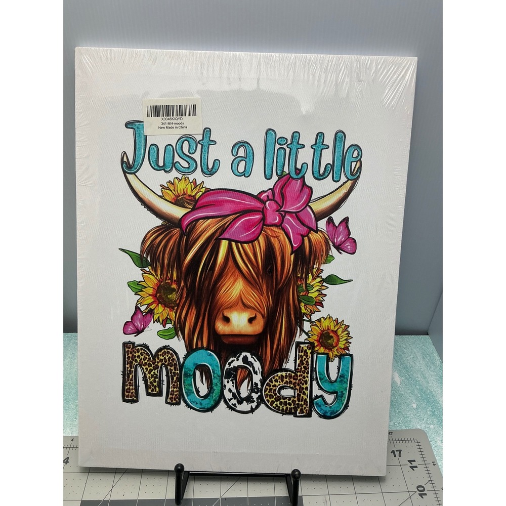 Just a Little Moody Highland Cow Canvas Wall Art Sunflowers Pink Bow 12x16 NEW